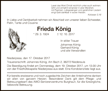 Traueranzeige von Frieda König von Hersfeld