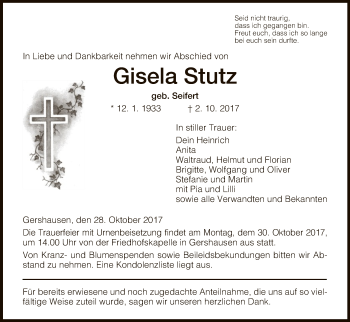 Traueranzeige von Gisela Stutz von Hersfeld