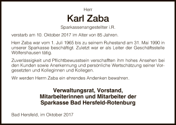 Traueranzeige von Karl Zaba von Hersfeld