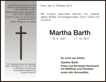 Traueranzeige von Martha Barth von Hersfeld