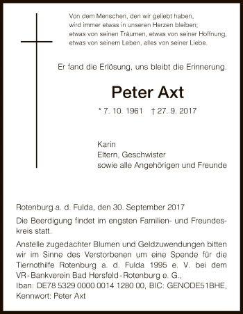 Traueranzeige von Peter Axt von Hersfeld