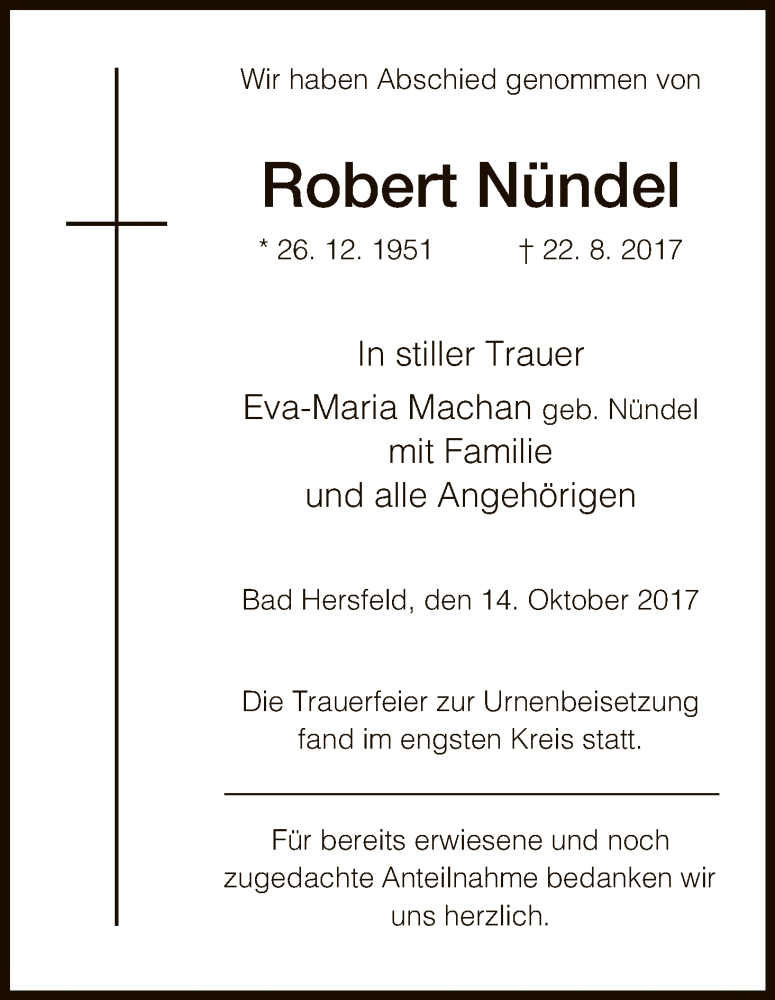  Traueranzeige für Robert Nündel vom 14.10.2017 aus Hersfeld