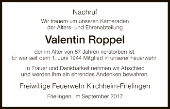 Traueranzeige von Valentin Roppel von Hersfeld