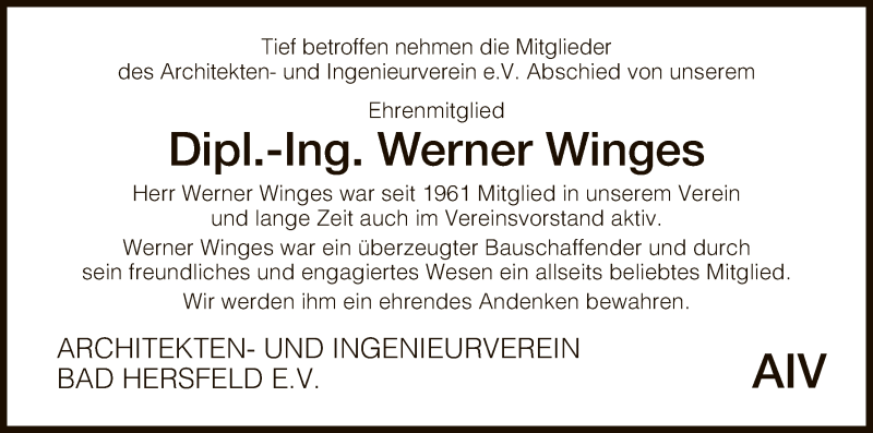  Traueranzeige für Werner Winges vom 07.10.2017 aus Hersfeld