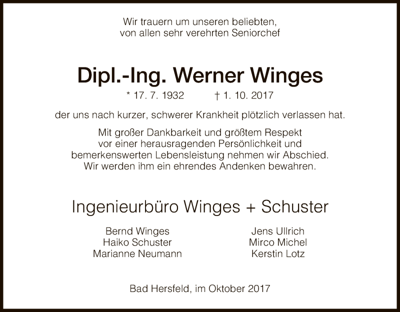  Traueranzeige für Werner Winges vom 07.10.2017 aus Hersfeld