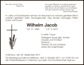 Traueranzeige von Wilhelm Jacob von Hersfeld