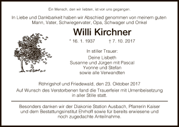 Traueranzeige von Willi Kirchner von Hersfeld