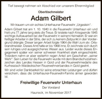 Traueranzeige von Adam Gilbert von Hersfeld