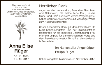 Traueranzeige von Anna Elise Rüger von Hersfeld