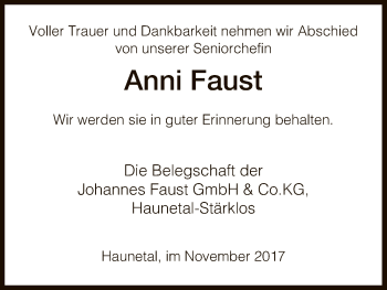 Traueranzeige von Anni Faust von Hersfeld