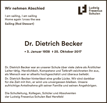 Traueranzeige von Dietrich Becker von Hersfeld