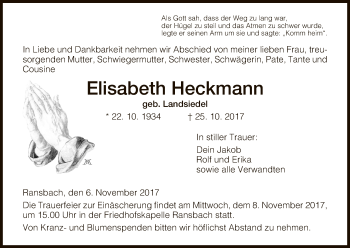 Traueranzeige von Elisabeth Heckmann von Hersfeld