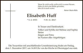 Traueranzeige von Elisabeth Huff von Hersfeld