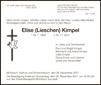 Traueranzeige von Elise Kimpel von Hersfeld