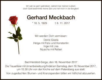 Traueranzeige von Gerhard Meckbach von Hersfeld