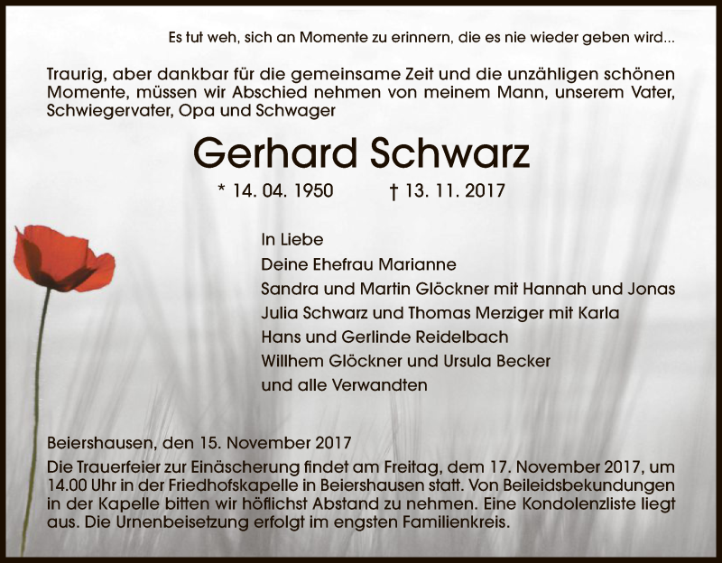  Traueranzeige für Gerhard Schwarz vom 15.11.2017 aus Hersfeld
