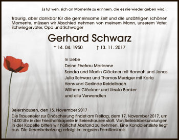 Traueranzeige von Gerhard Schwarz von Hersfeld