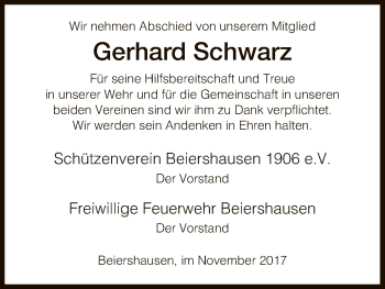 Traueranzeige von Gerhard Schwarz von Hersfeld