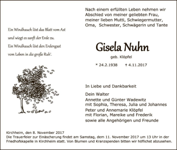 Traueranzeige von Gisela Nuhn von Hersfeld