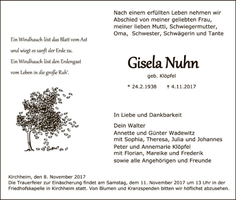  Traueranzeige für Gisela Nuhn vom 08.11.2017 aus Hersfeld