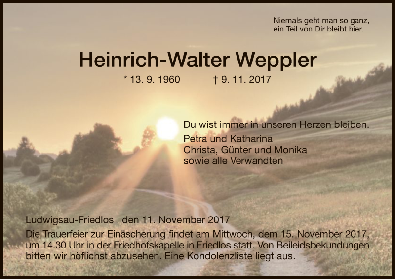  Traueranzeige für Heinrich-Walter Weppler vom 11.11.2017 aus Hersfeld