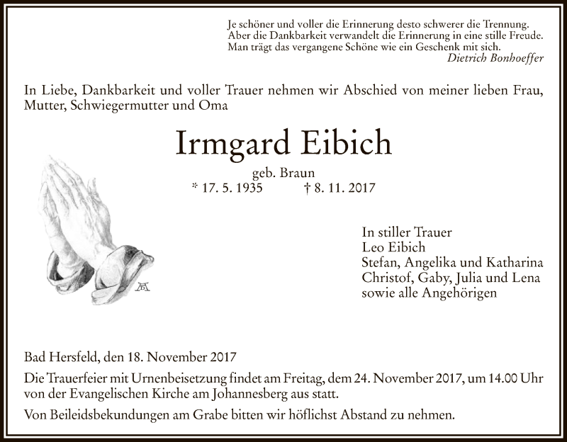  Traueranzeige für Irmgard Eibich vom 18.11.2017 aus Hersfeld
