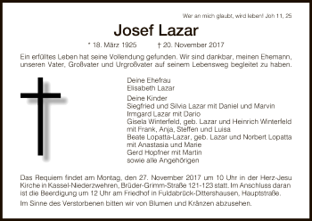 Traueranzeige von Josef Lazar von Hersfeld