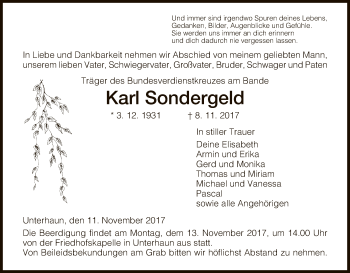 Traueranzeige von Karl Sondergeld von Hersfeld