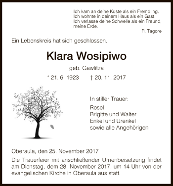 Traueranzeige von Klara Wosipiwo von Hersfeld