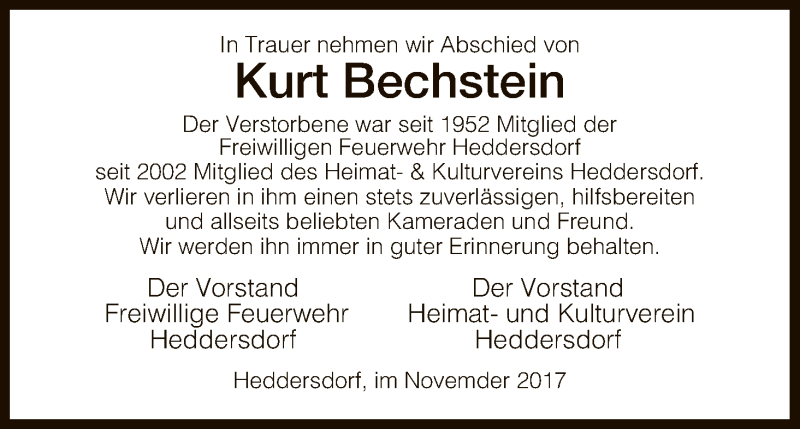  Traueranzeige für Kurt Bechstein vom 22.11.2017 aus Hersfeld