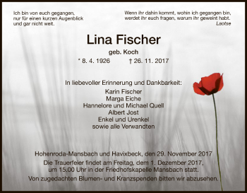 Traueranzeige von Lina Fischer von Hersfeld