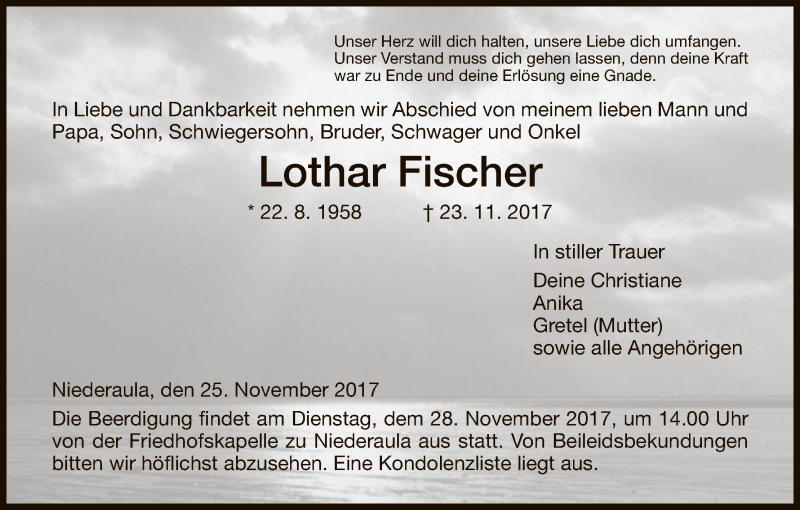  Traueranzeige für Lothar Fischer vom 25.11.2017 aus Hersfeld