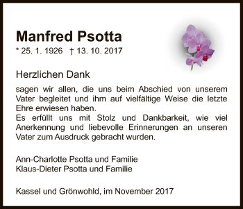 Traueranzeige von Manfred Psotta von Hersfeld