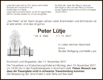 Traueranzeige von Peter Lütje von Hersfeld