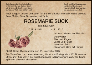 Traueranzeige von Rosemarie Suck von Hersfeld