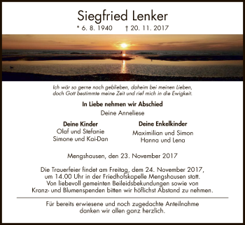 Traueranzeige von Siegfried Lenker von Hersfeld