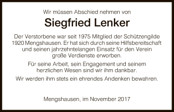 Traueranzeige von Siegfried Lenker von Hersfeld