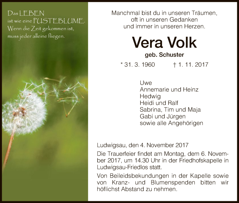 Traueranzeige für Vera Volk vom 04.11.2017 aus Hersfeld