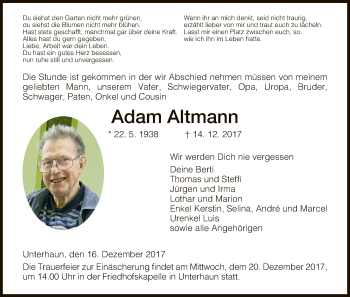 Traueranzeige von Adam Altmann von Hersfeld