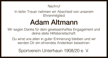 Traueranzeige von Adam Altmann von Hersfeld