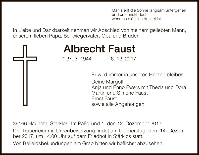  Traueranzeige für Albrecht Faust vom 12.12.2017 aus Hersfeld