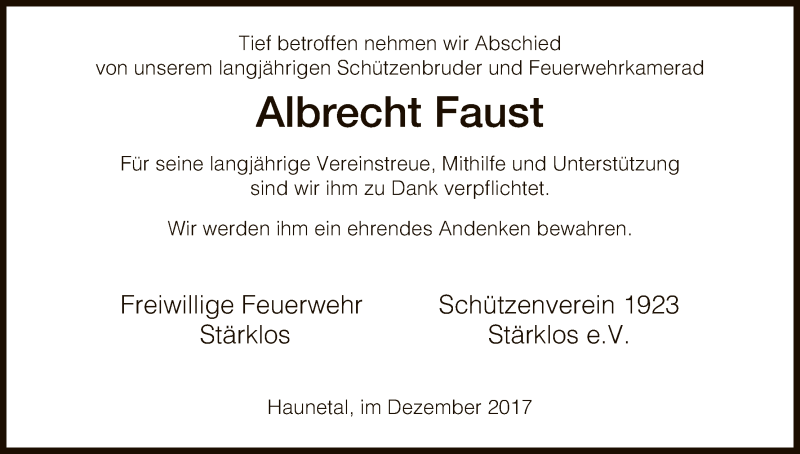  Traueranzeige für Albrecht Faust vom 12.12.2017 aus Hersfeld