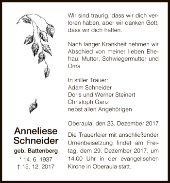 Traueranzeige von Anneliese Schneider von Hersfeld