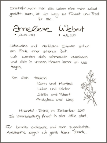 Traueranzeige von Anneliese Webert von Hersfeld