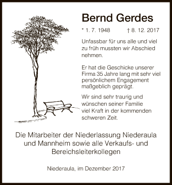 Traueranzeige von Bernd Gerdes von Hersfeld