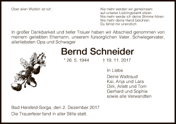 Traueranzeige von Bernd Schneider von Hersfeld