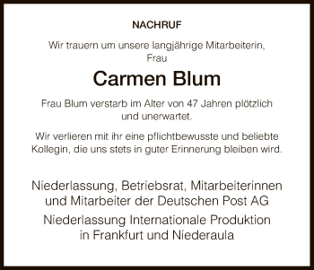 Traueranzeige von Carmen Blum von Hersfeld