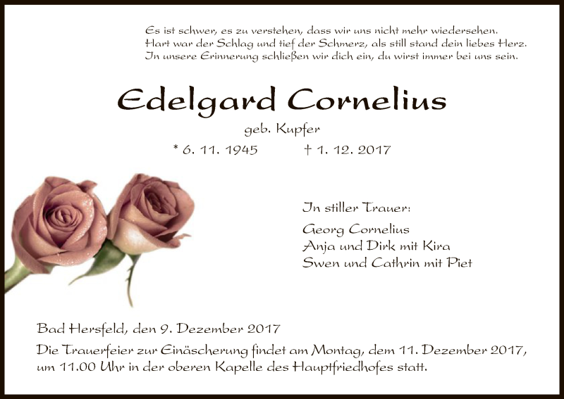  Traueranzeige für Edelgard Cornelius vom 09.12.2017 aus Hersfeld