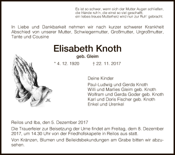 Traueranzeige von Elisabeth Knoth von Hersfeld