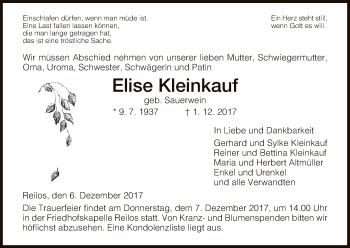 Traueranzeige von Elise Kleinkauf von Hersfeld